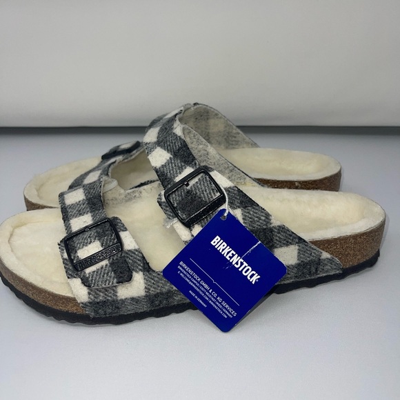 BIRKENSTOCK‎ ARIZONA SHEARLING PLAID WHITE MEN’S SANDLES SIZE 12 NWT 100% Wool - Picture 1 of 8